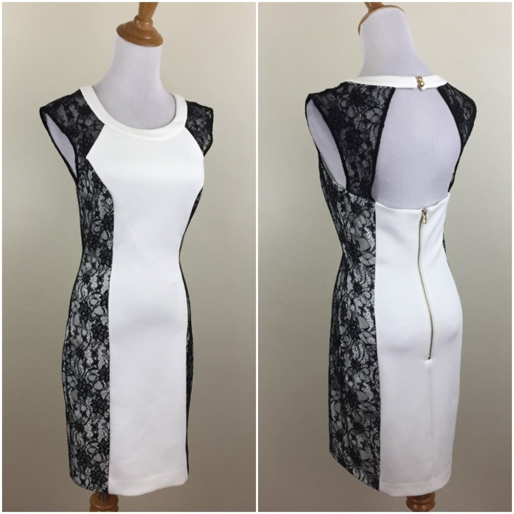 GUESS White Black Lace Insert Open Back Hourglass Silhouette Slimming Look Dress